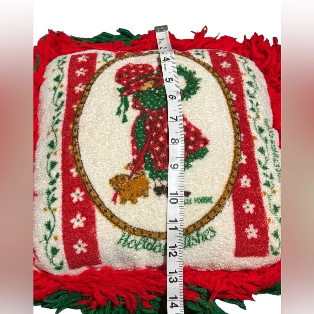 Vintage Holly Hobbie Handmade Christmas Yarn Throw Pillow